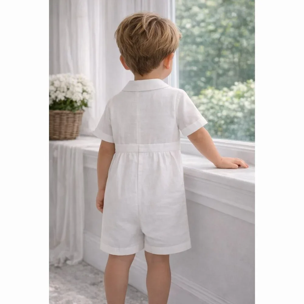 White Linen Dressy Romper & Hat Boutique Boy Special Occasion 3/6 Month New